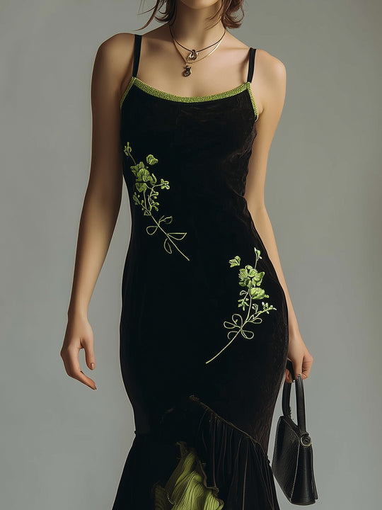 Embroidered Polyester Velvet Patchwork Fishtail Midi Slip Dress