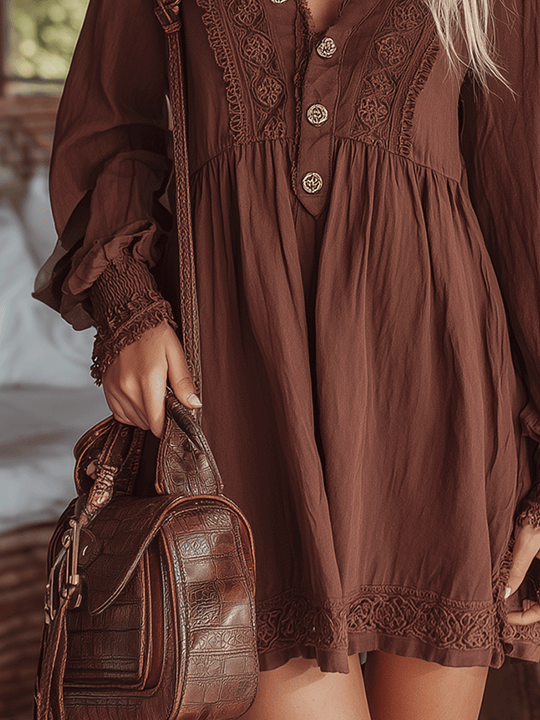 Relaxed Fit Boho Long-Sleeve Mini Dress