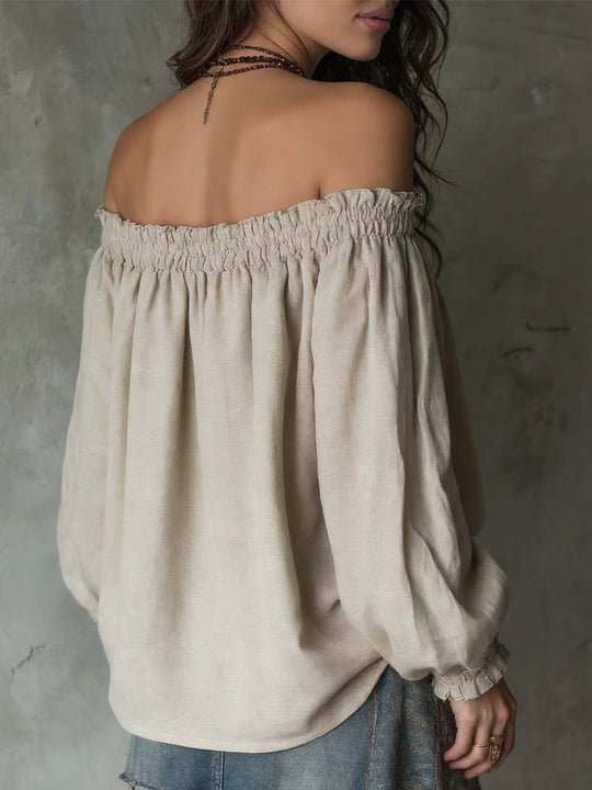 Natural Texture Off-Shoulder Drawstring Blouse