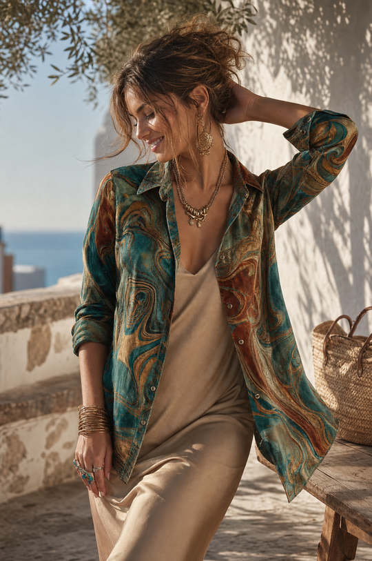 Vintage Marble Print Long Sleeve Button-Up Velvet Blouse