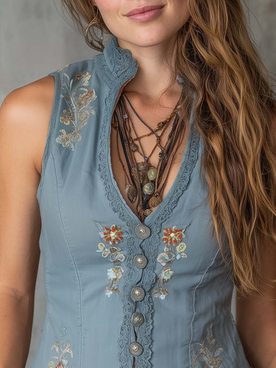 Vintage Floral Embroidered Lace Trim Linen Vest