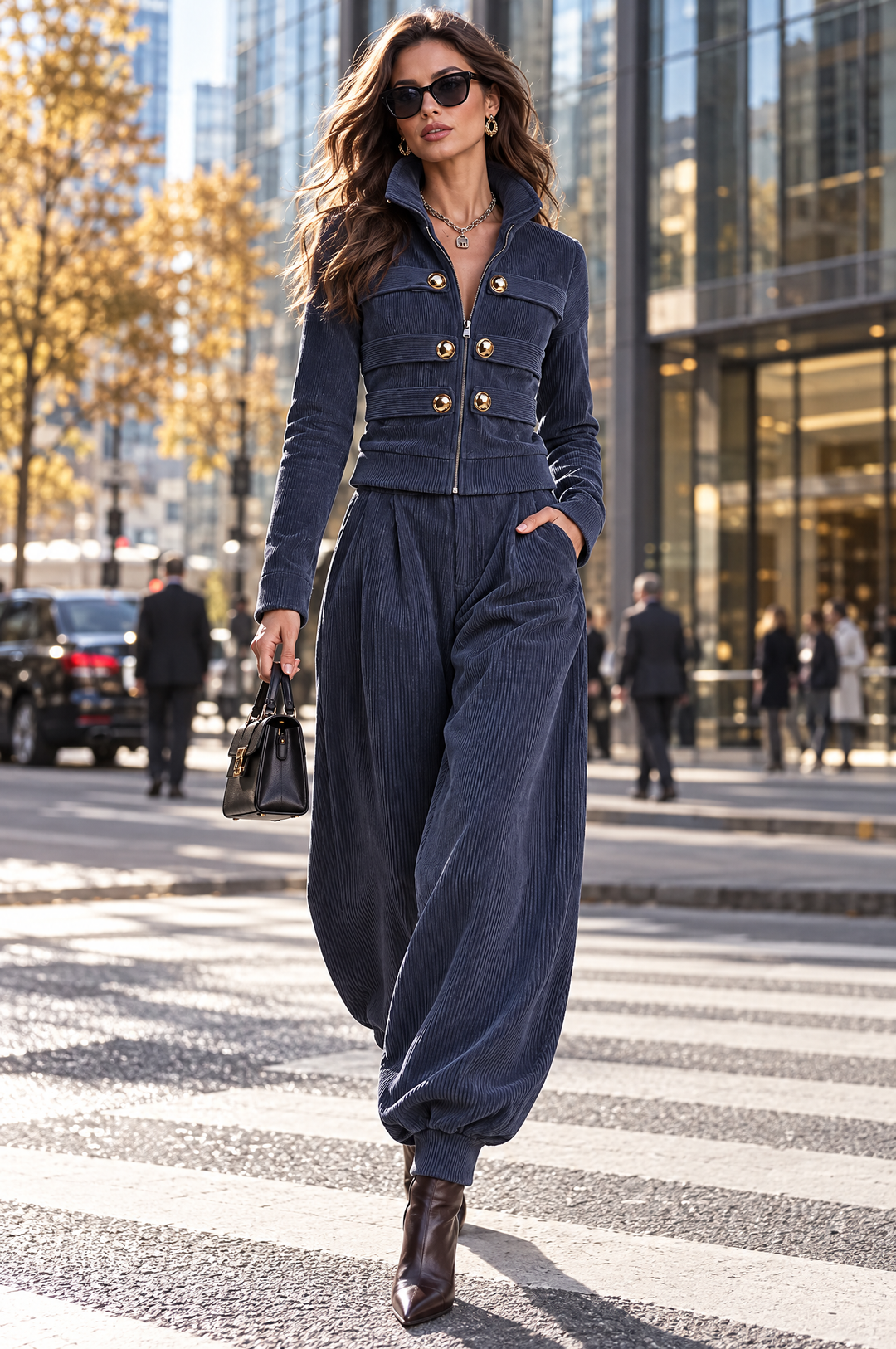 Ribbed Corduroy Zip-Up Jacket & Balloon Jogger Pants Two-Piece Set