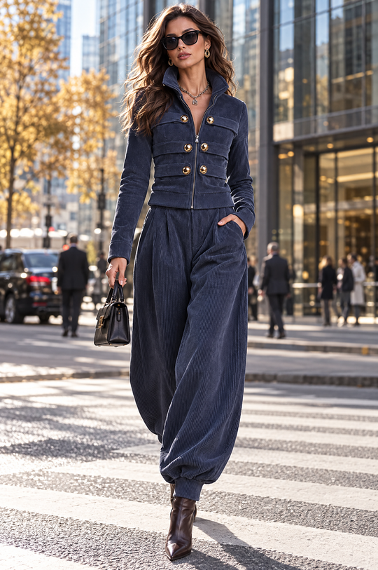 Ribbed Corduroy Zip-Up Jacket & Balloon Jogger Pants Two-Piece Set