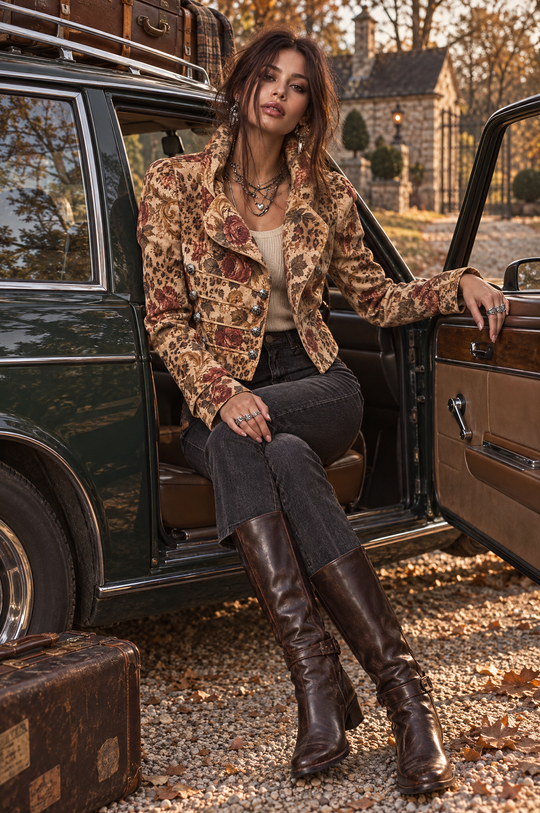 Vintage Floral Leopard Print Cropped Military Suede Jacket