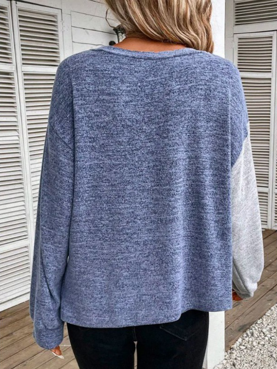 Chic Asymmetrical Color-Block Long-Sleeve Knit Top