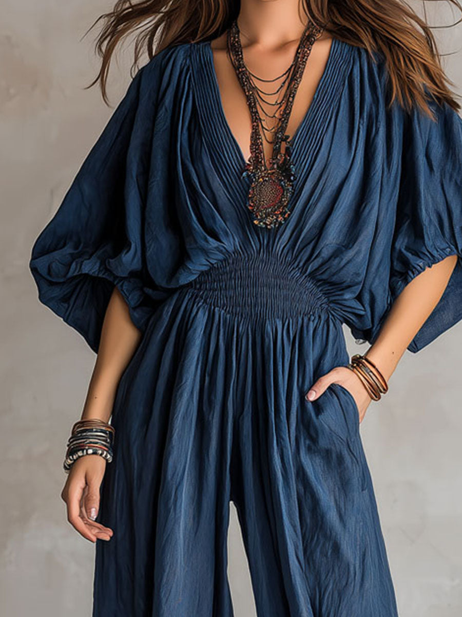 Bohemian Indigo Smocked Waist Jumpsuit