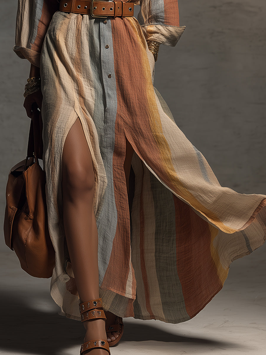 Bohemian Holiday Cotton Blend Colorful Striped Maxi Dress