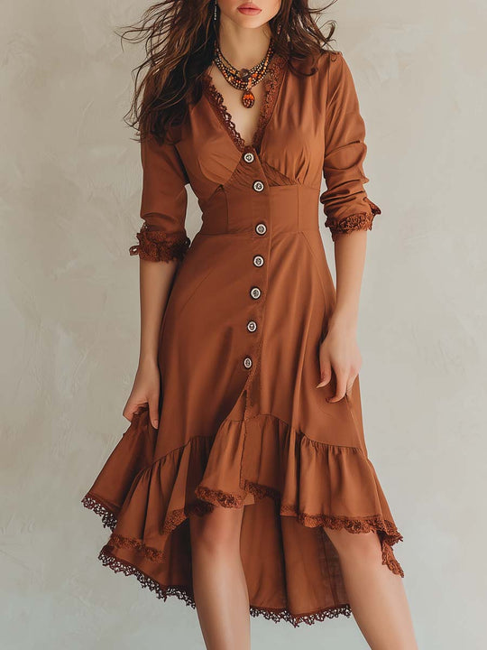 Retro Court Style Lace-trimmed Ruffle Hem Midi Dress