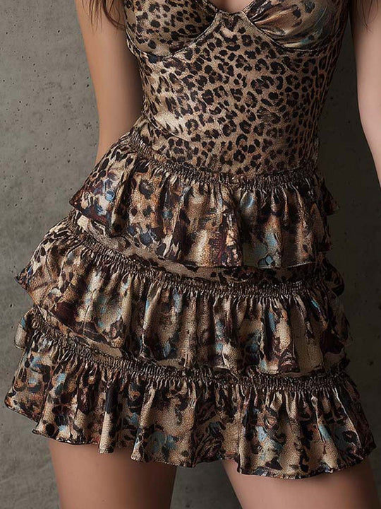 Vintage Boho Leopard Ruffle Halter Mini Dress