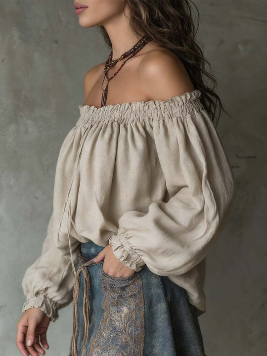 Natural Texture Off-Shoulder Drawstring Blouse