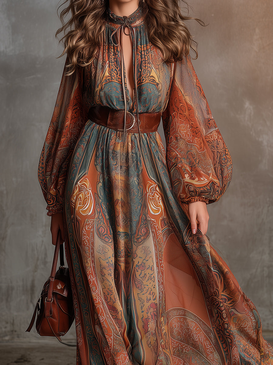 Bohemian Ethnic Style Printed Keyhole Collar Maxi Dress