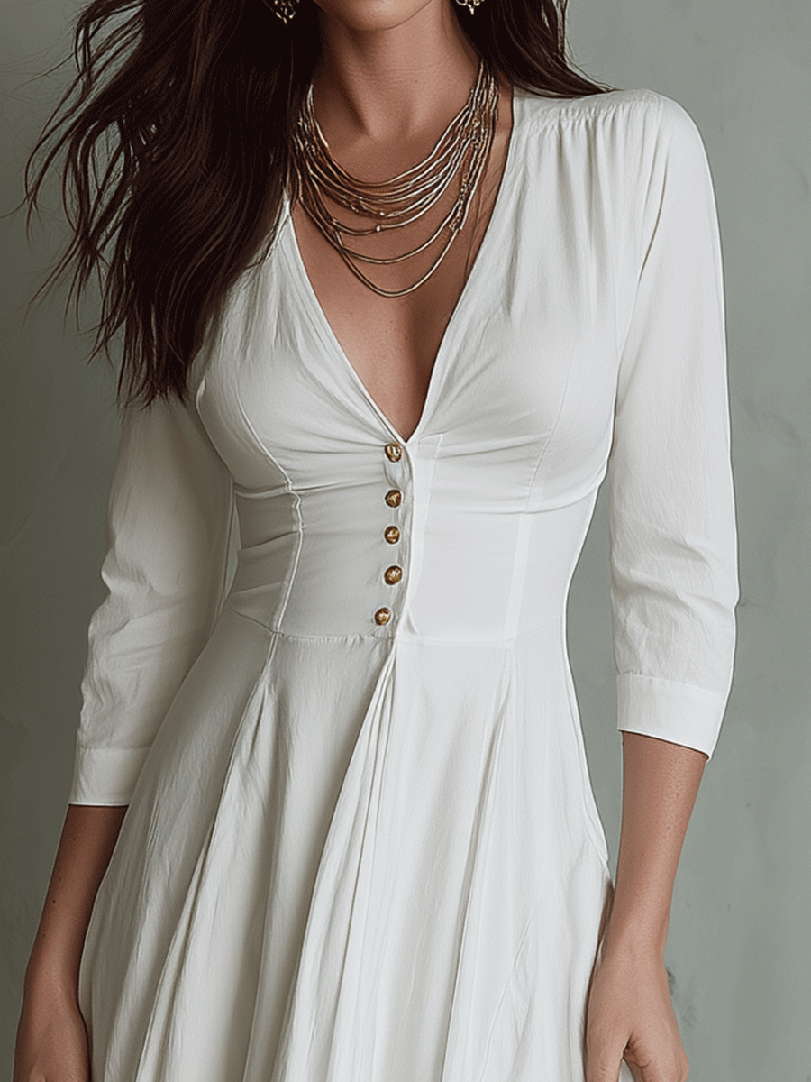 Elegance V-Neck Timeless Ivory Button Midi Dress