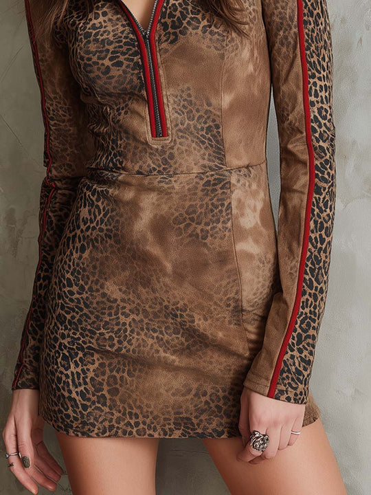 Vintage Distressed Leopard Print Polyester Suede Mini Dress