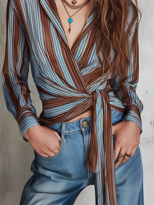 Bohemian Color-block Striped Blouse With Single Side Tie