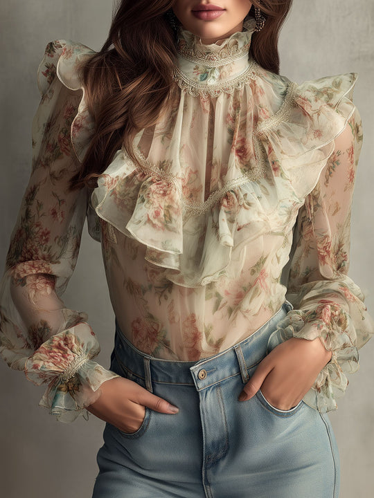 Romantic High-Neck Floral Ruffle Chiffon Blouse