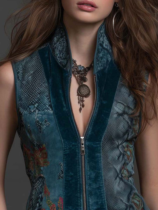 Deep Teal Velvet Zip-Front Vest Top