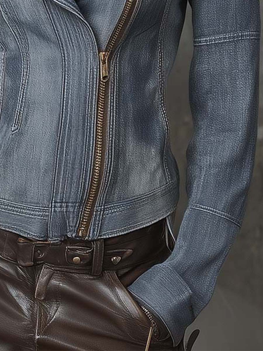 Two-Tone Cotton Denim Moto Jacket With Eco-Suede Shoulder Panels