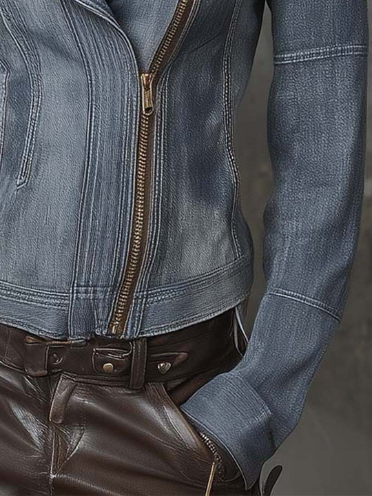 Two-Tone Cotton Denim Moto Jacket With Eco-Suede Shoulder Panels