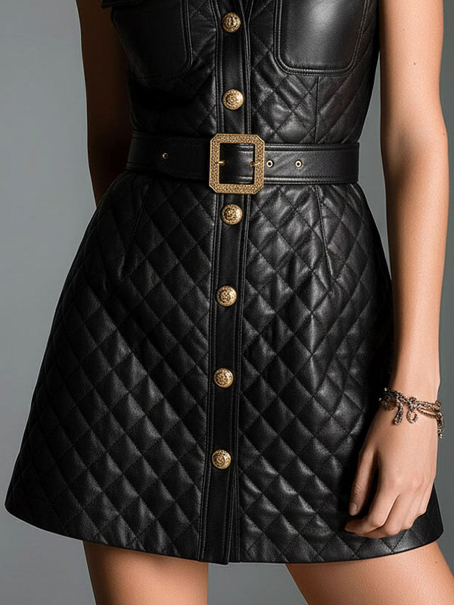Chic Diamond-quilted Padded Eco Leather Sleeveless Mini Dress