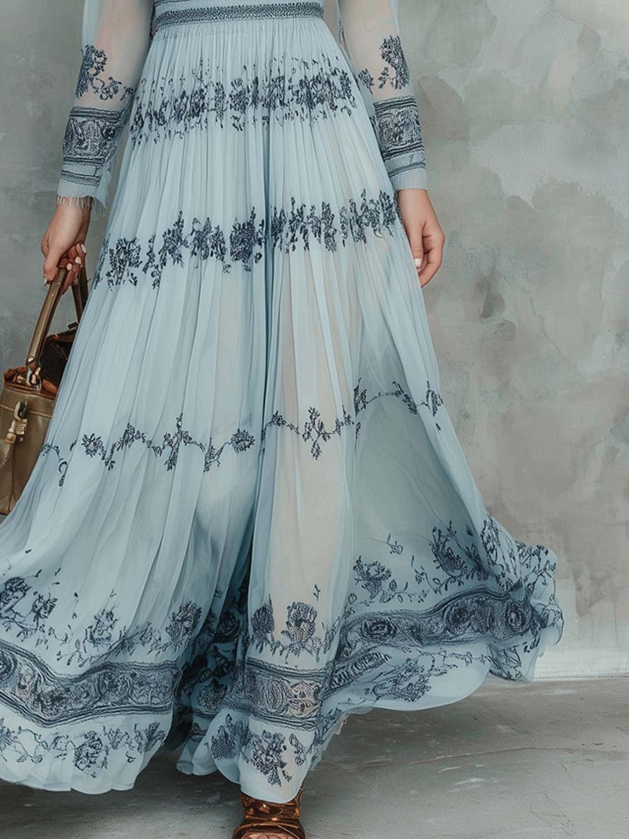 Retro Boho Floral Print Chiffon Midi Dress