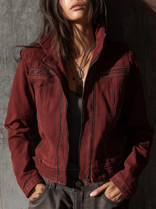 Bohemian Washed Denim Jacket With Stand Collar And Front Zip