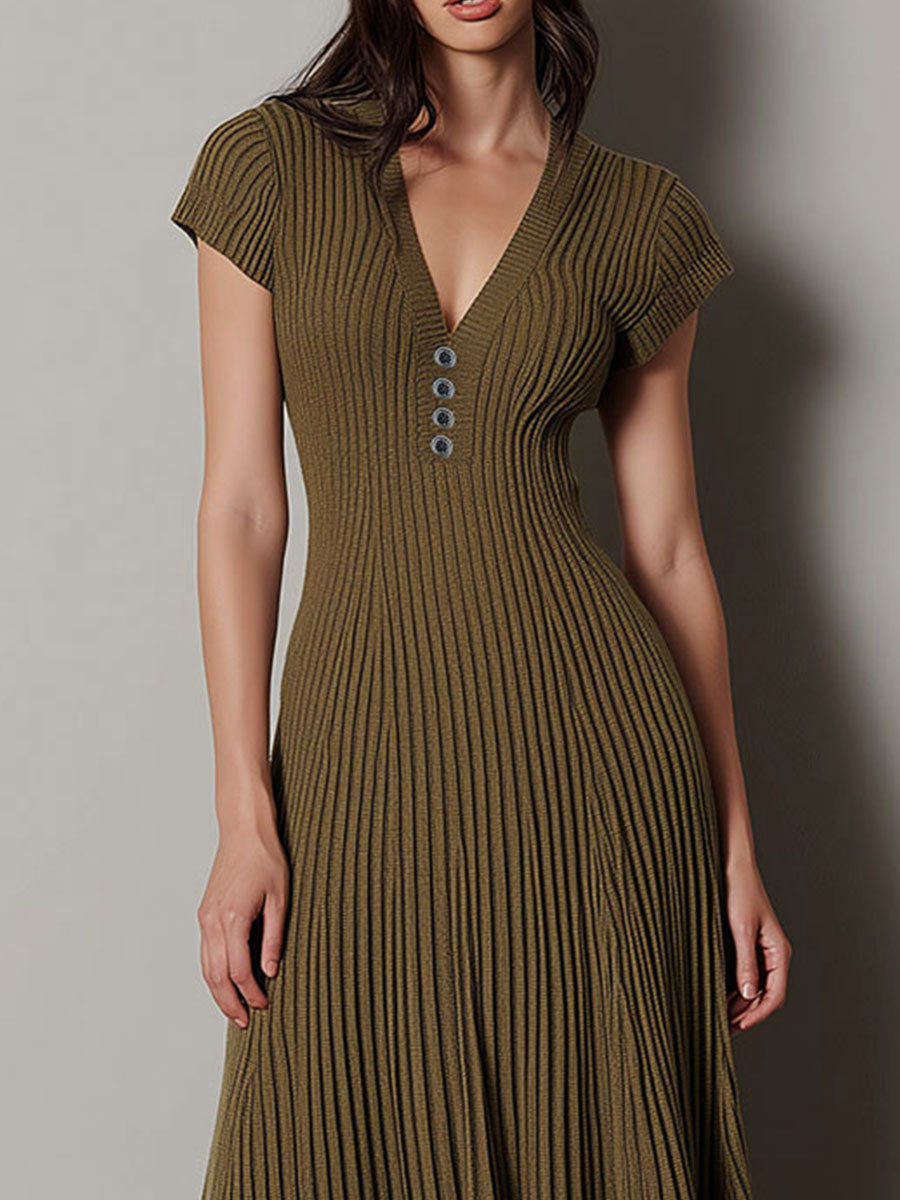 Elegant V-Neck Olive Ribbed Knit Midi Dress With Flared Hem