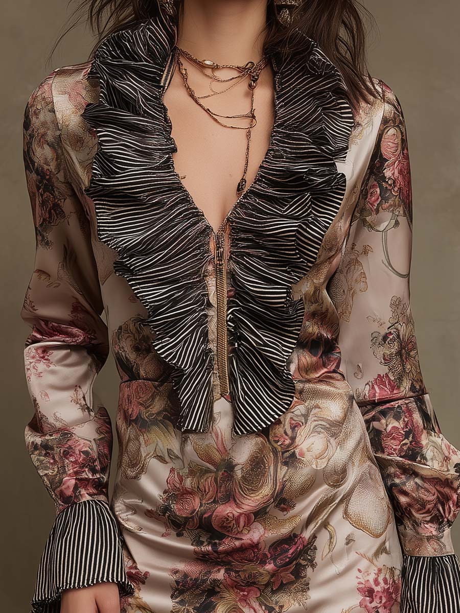 Floral Ruffle Zip-Front Satin Mini Dress