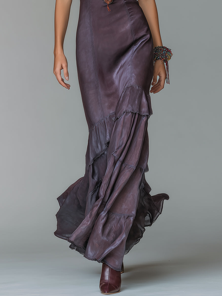 Elegant Pearlescent Satin Ruffle Strap Maxi Dress