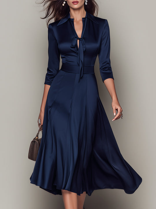 Elegant Neckline Tie-detail Satin Midi Dress
