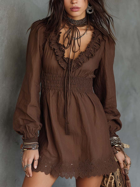 Ruffled V-Neck Mini Dress With Smocked Waist And Lace Hem