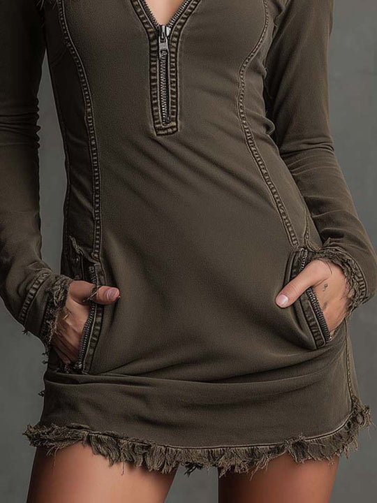 Vintage Washed Denim Zip-Up Mini Dress