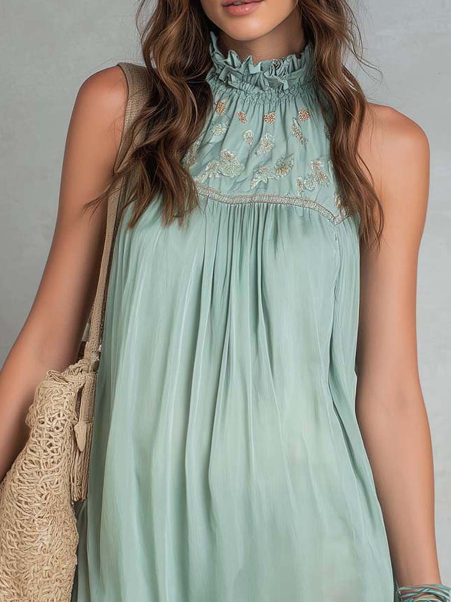 Lightweight Bohemian Embroidered High-Neck Sleeveless Mini Dress