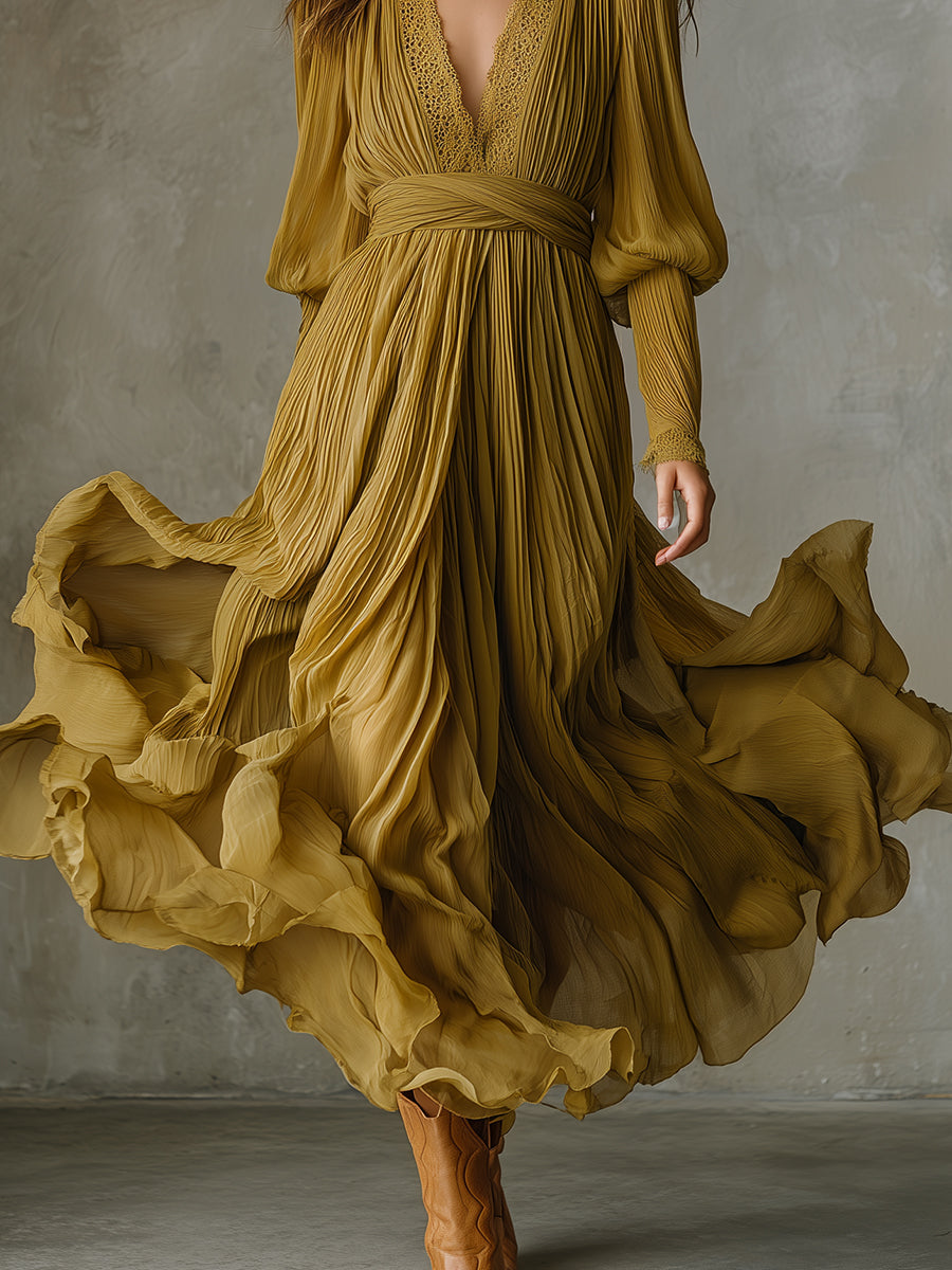 Bohemian Holiday Chiffon Pleated Lace Maxi Dress