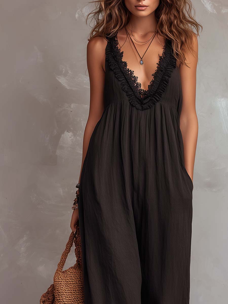 Vintage V-neck Ruffled Lace Jumpsuit