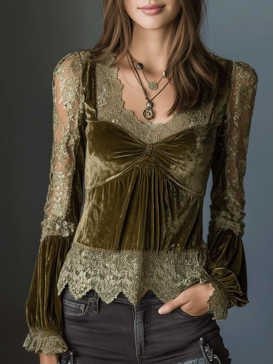 Boho Velvet Deep Olive Elegance Lace-Trim Peplum Blouse