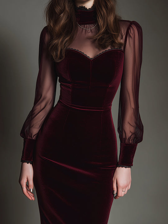 Elegant Mesh Polyester Velvet Stitching Sweetheart Neckline Slim Midi Dress