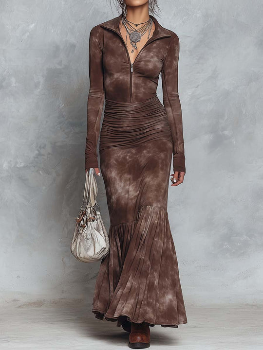 Vintage-style Distressed Zipper Collar Pleated Waist Maxi Dress