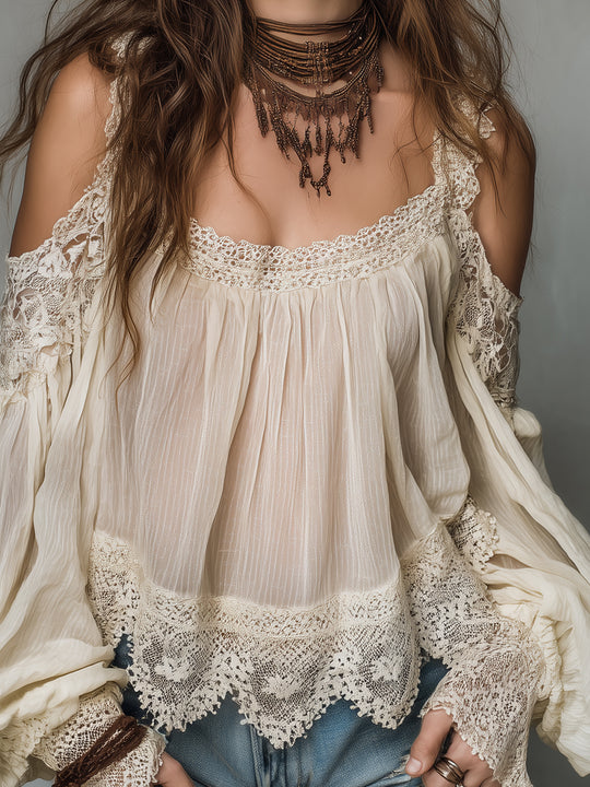 Bohemian Off-the-shoulder Lace-paneled Chiffon Blouse