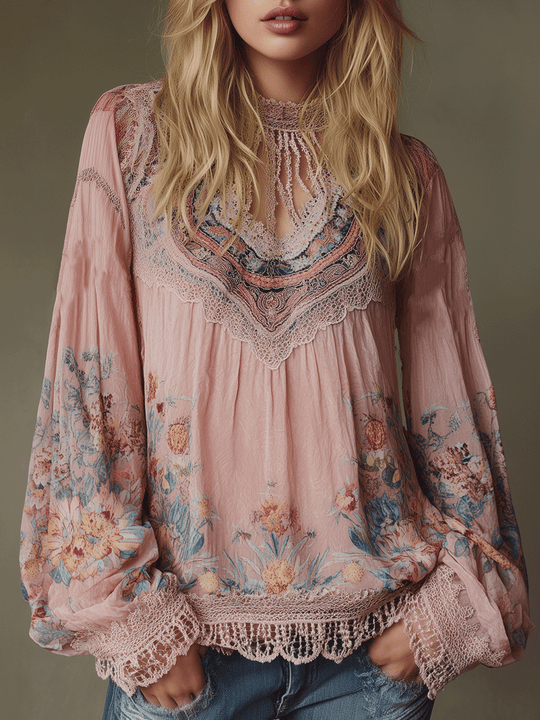 Boho Blush Pink Floral Lace Peasant Blouse
