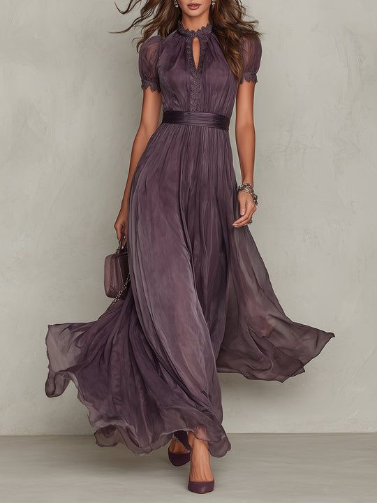 Retro Keyhole Collar Chiffon Maxi Dress With Lace
