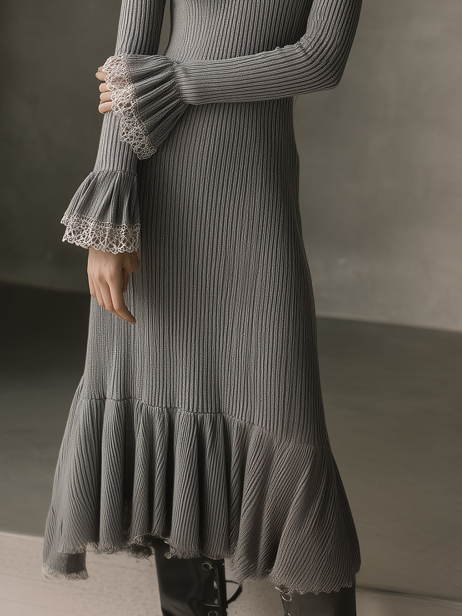 Retro Round Neck Knitted Lace Ruffle Patchwork Midi Dress