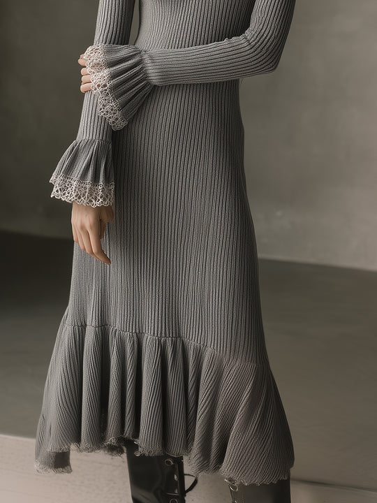 Retro Round Neck Knitted Lace Ruffle Patchwork Midi Dress