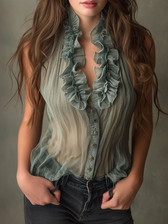 Retro Sage Green Sheer Ruffled Pleated Chiffon Blouse