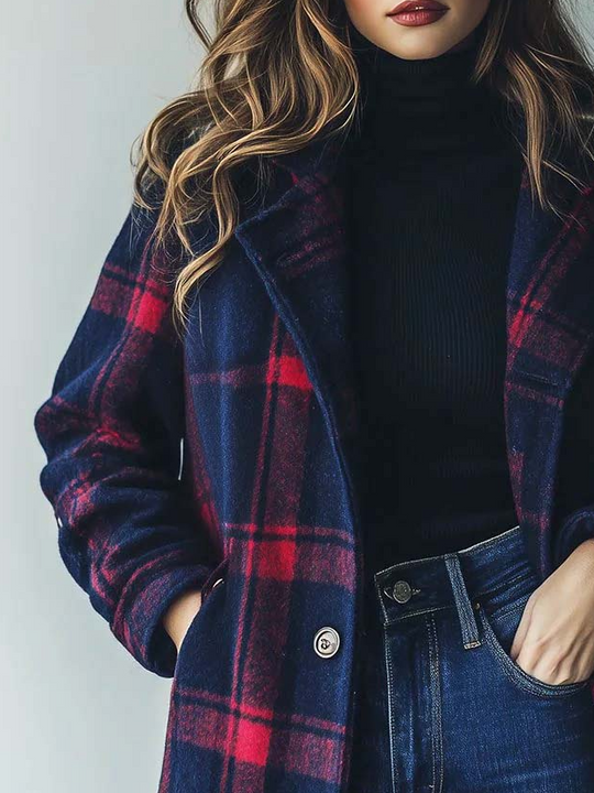 Daily Plaid Pattern Side Pockets Woolen Trench Coat