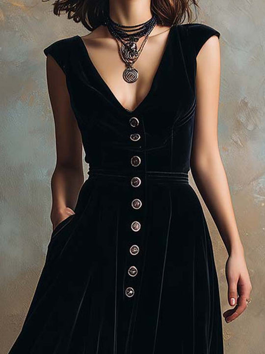 Black Velvet Button-Front Maxi Dress