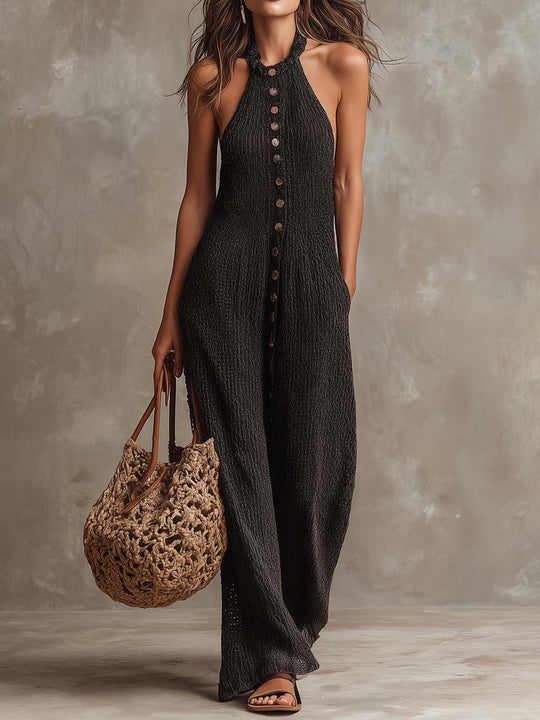 Halter Neck Button-up Sleeveless Knitted Jumpsuit