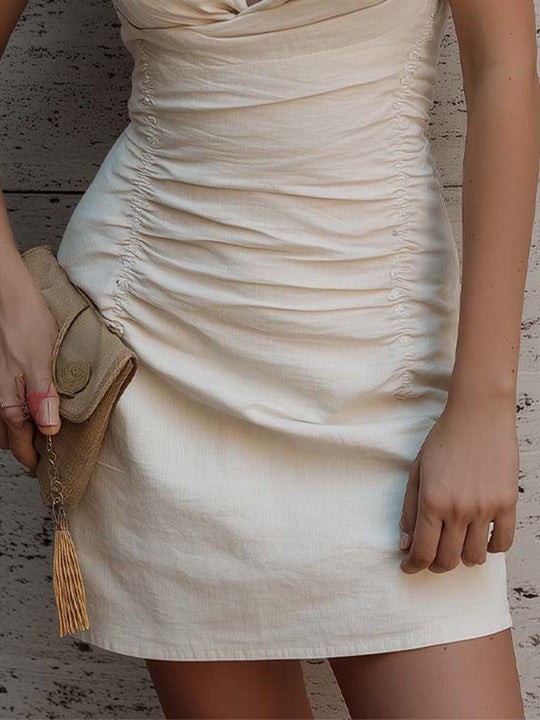 Bohemian Elegance Cotton-Linen Halter Ruched Mini Dress