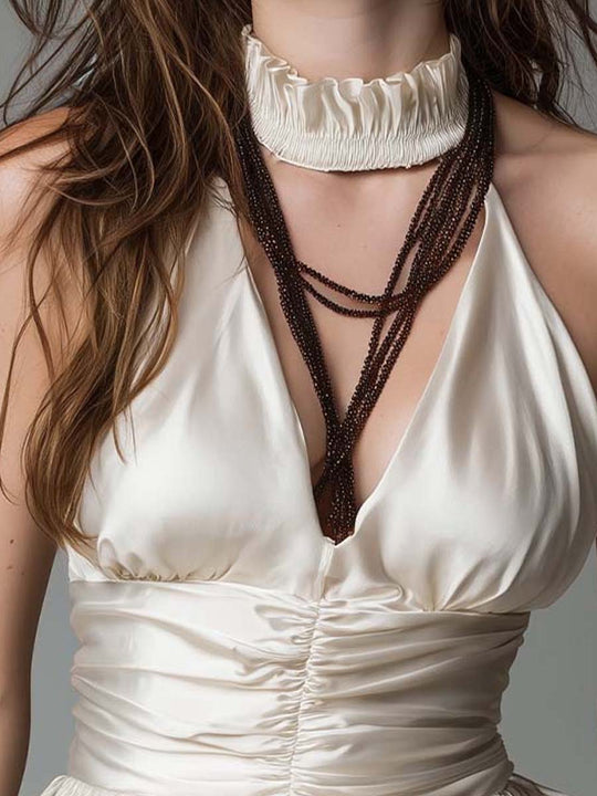 Ruched Satin Halter Top With Choker Neck