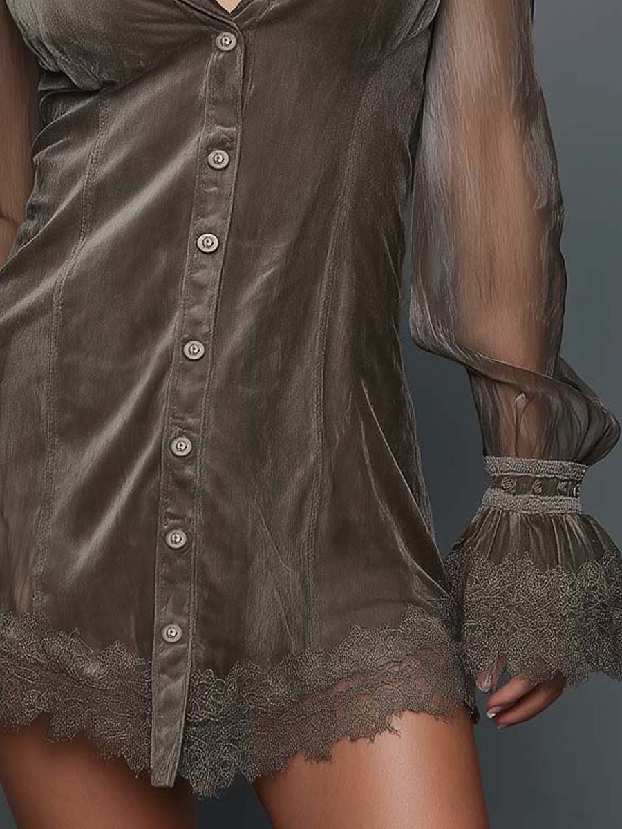 Velvet Mini Dress With Sheer Organza Sleeves And Lace Trim