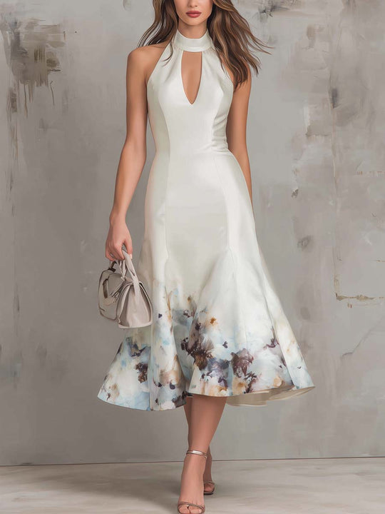 Retro Oil Painting Style Keyhole Neck Polyester Satin Midi Dress